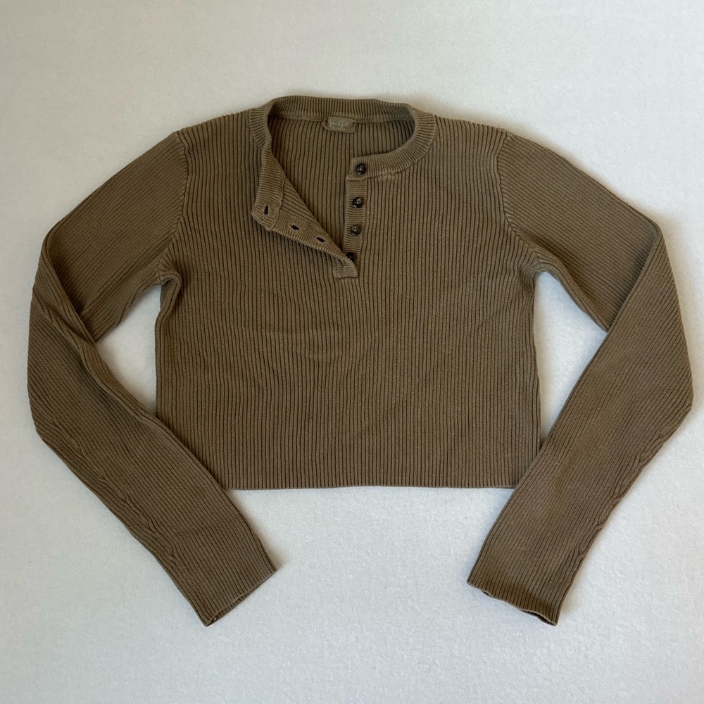 John Galt Ribbed Cropped Henley Long Sleeve Neutral Brown